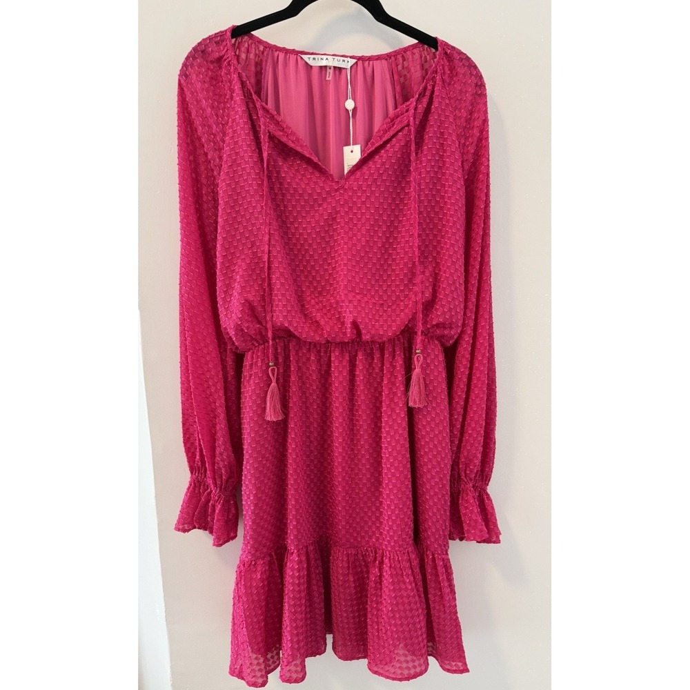 Trina Turk Viti Pink Mini Tiered Long Slv Designer Dress Women's Size M NWT $278 - Picture 1 of 10